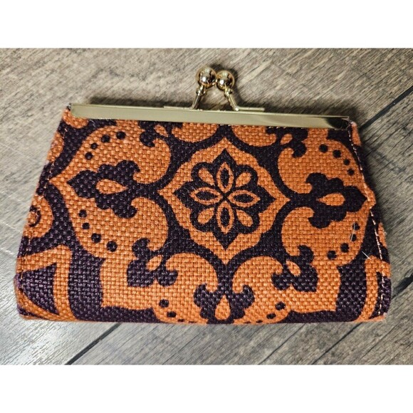 Spartina Linen Wallet Coin Purse Clutch With Kiss Lock Dark/ Light Brown - Picture 3 of 5